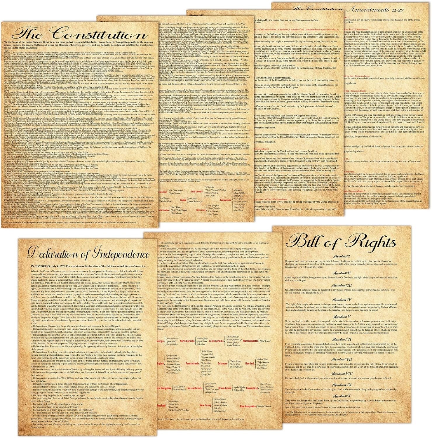 7Pcs American Founding Documents Poster US Constitution with All Amendments, Dec