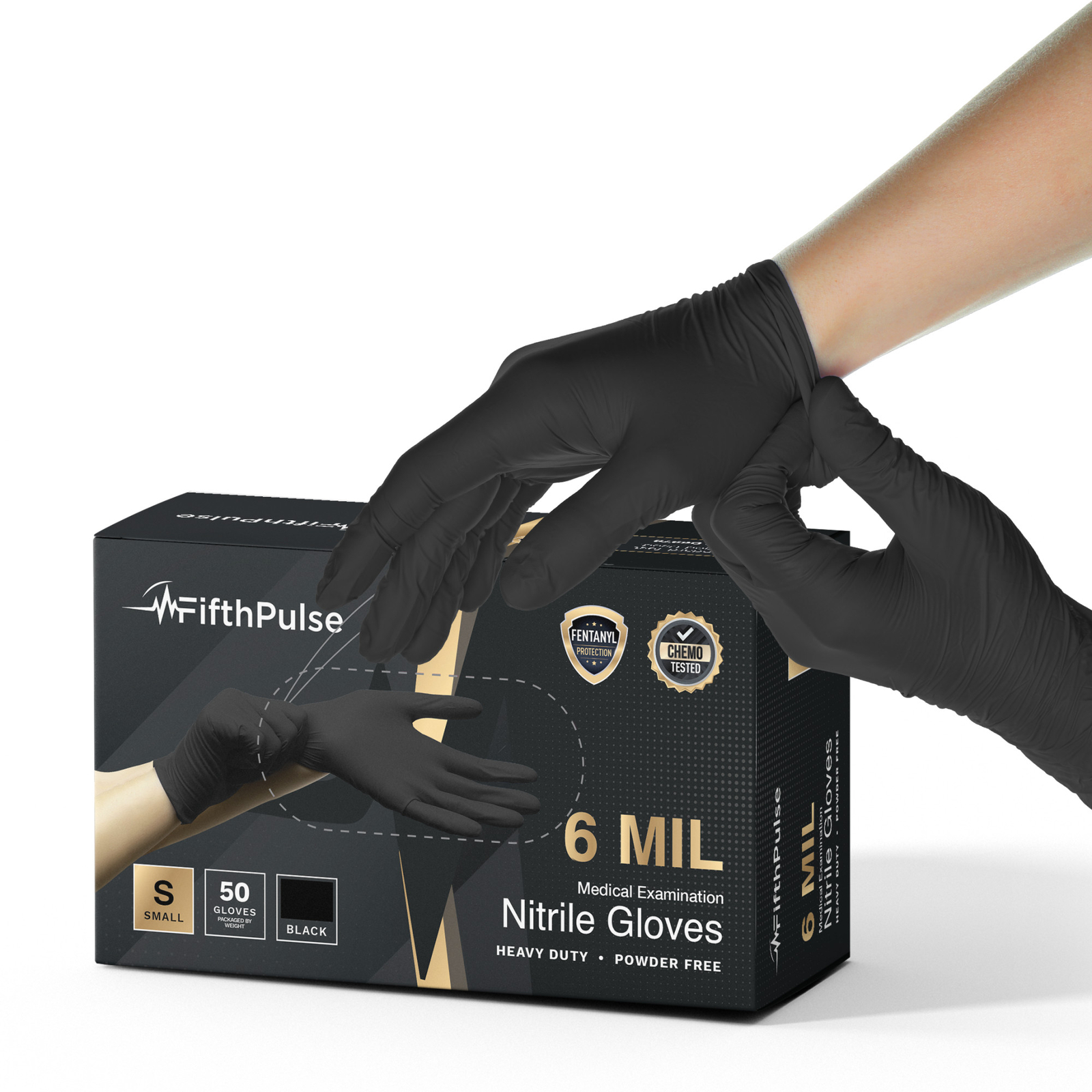 FifthPulse Chemo-Tested Fentanyl Resistant Nitrile Exam Gloves Black 50 Gloves S