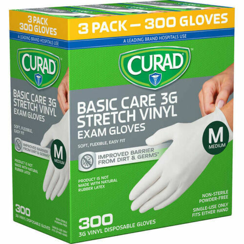 Curad Basic Care 3G Vinyl Exam Gloves, Medium, 300 ct