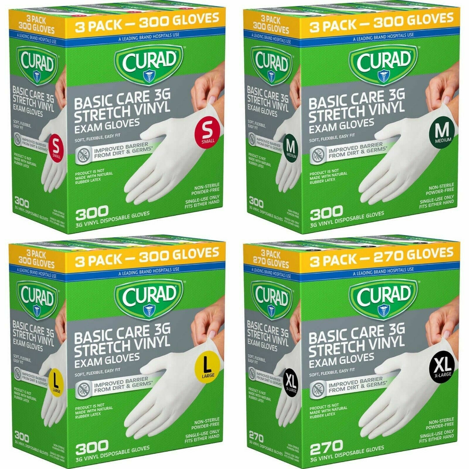 Curad Basic Care 3G Vinyl Exam Gloves, Small, Medium, Large, X-Large. 300 gloves