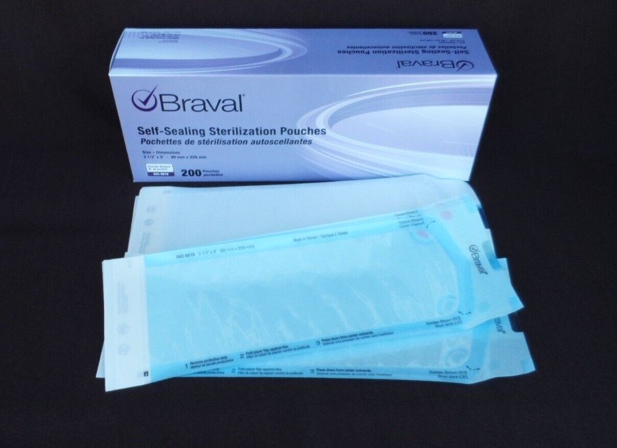 Braval Self Seal Sterilization Pouches 3 1/2″ x 9″ Qty 1 or 6 (200/Box) 043-6816