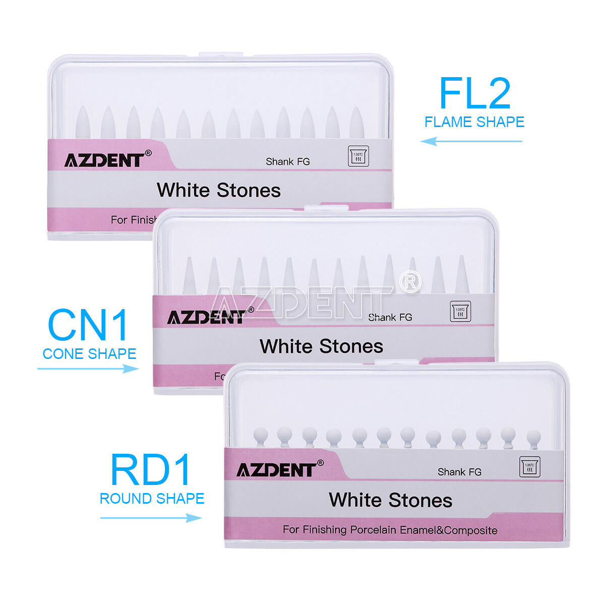 Dental White Stone Aluminum Oxide Polishing Kit FG Burs Round /Cone /Flame Shape