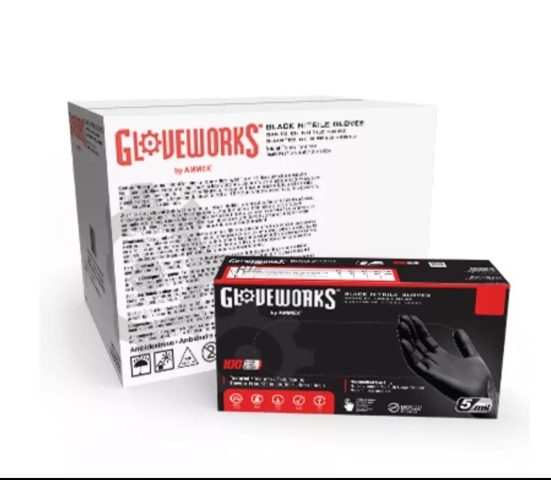 Gloveworks Black Nitrile PF Ind Gloves – 5 Mil – Case of 1000 Gloves/10 Boxes