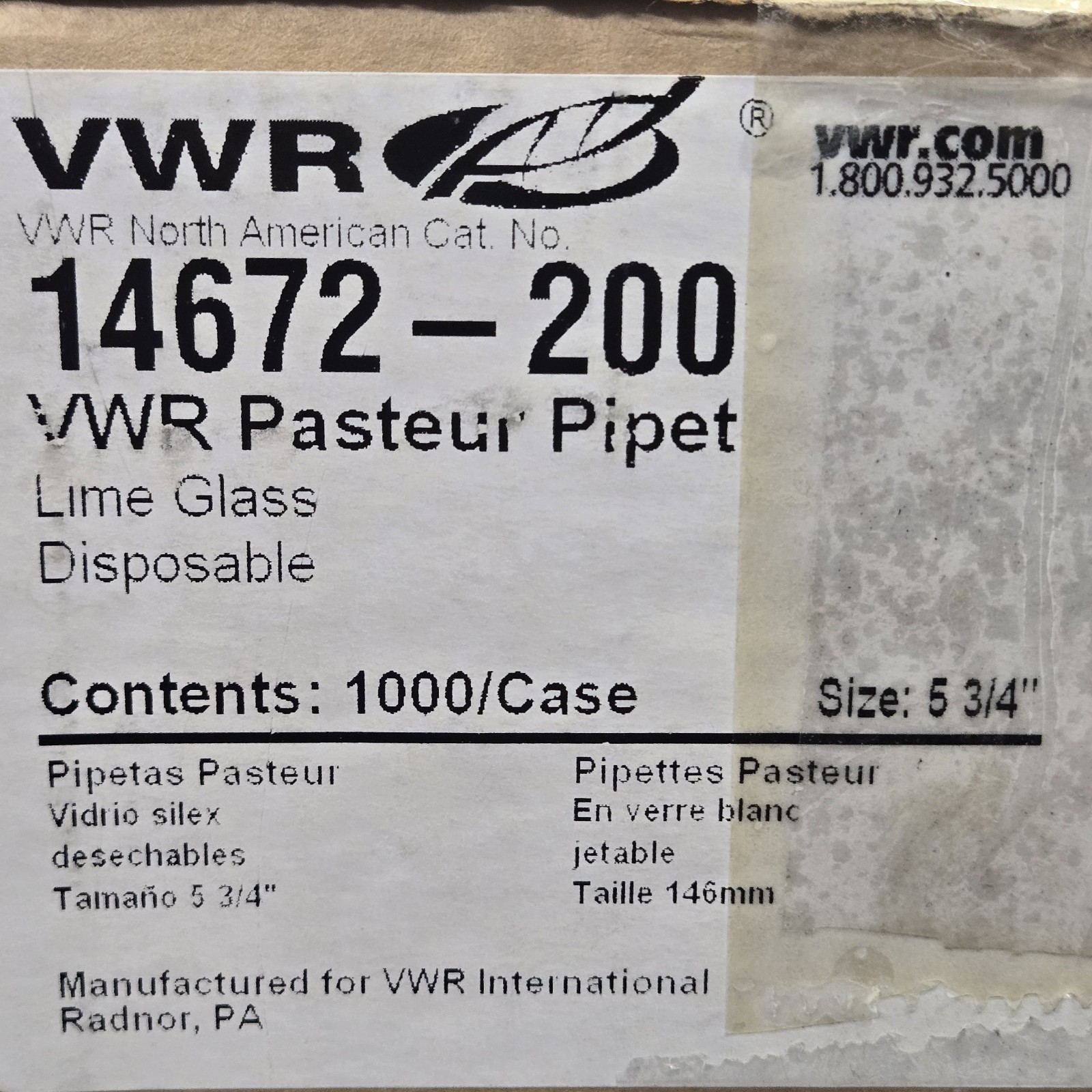 Case Of 1000 VWR Disposable Pasteur Pipet 14.6 cm (5³/₄») Lime Glass 14672-200