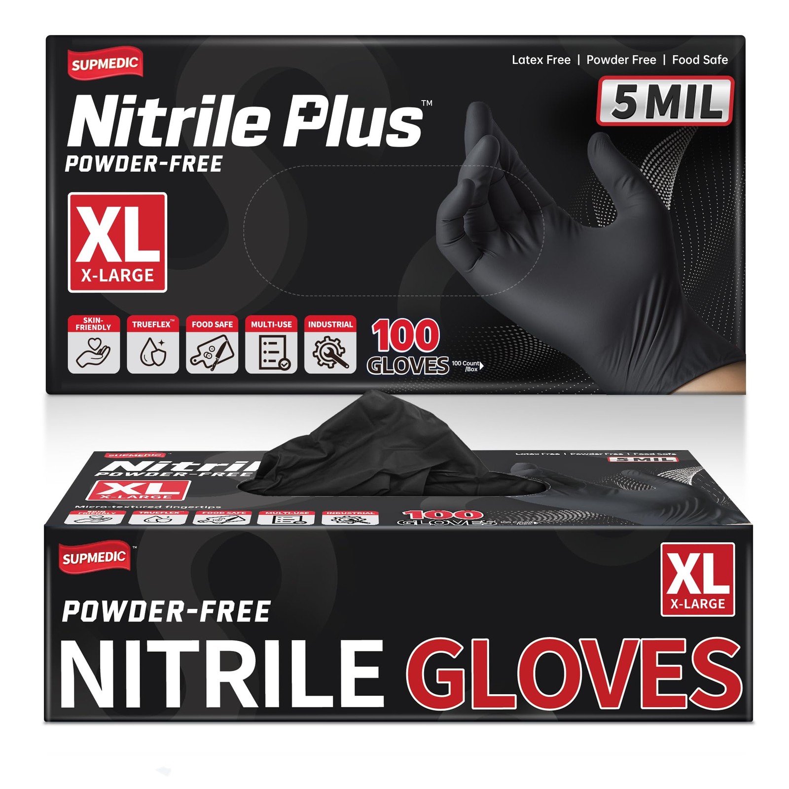 Supmedic Disposable Nitrile Gloves, 5Mil Chemical Resistant Powder-Free Latex-Fr