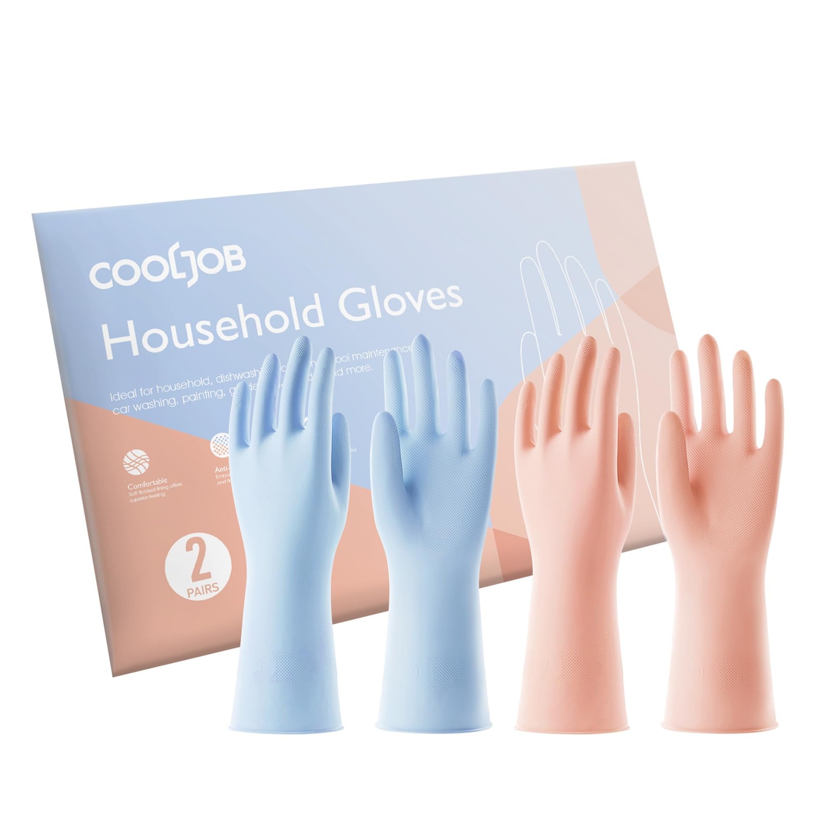 2 Pairs Thickened Rubber Gloves with Cotton Lining & Non-slip Grip, Colorful Hou