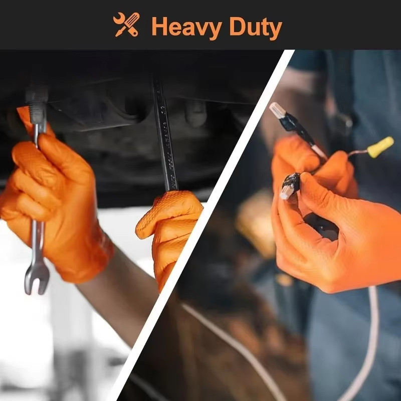 8 Mil Heavy Duty Industrial Orange Disposable Nitrile Gloves Diamond Textured Te