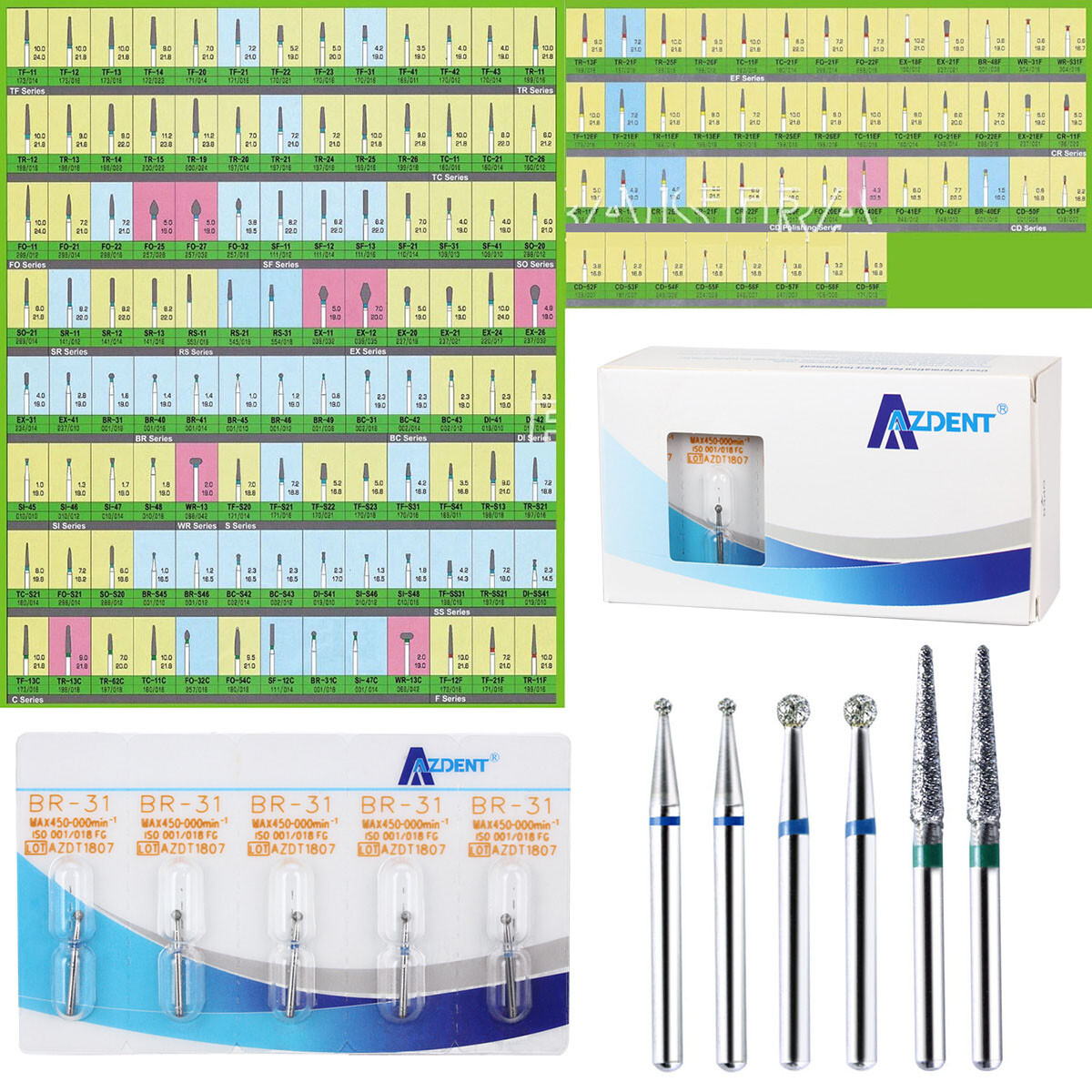 100 Types AZDENT Dental FG Diamond Burs Friction Grip for High Speed Handpiece