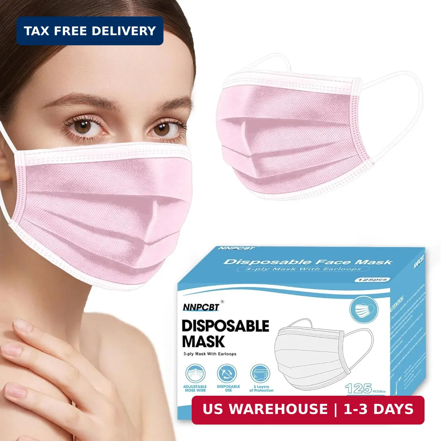 NNPCBT Pink Disposable Face Masks 125 Pack,3-Ply Breathable Mask For Adults,Grea