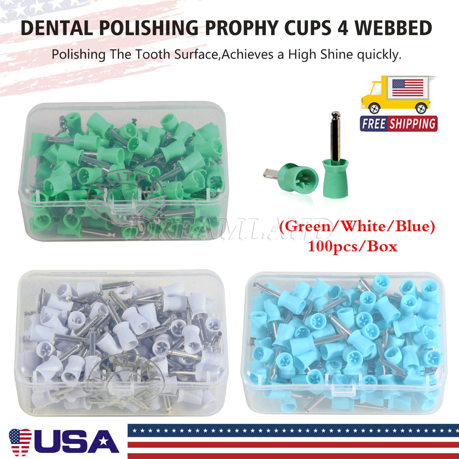 100 Dental Rubber Prophy Polish Polishing Cups Brush Latch Green Blue White