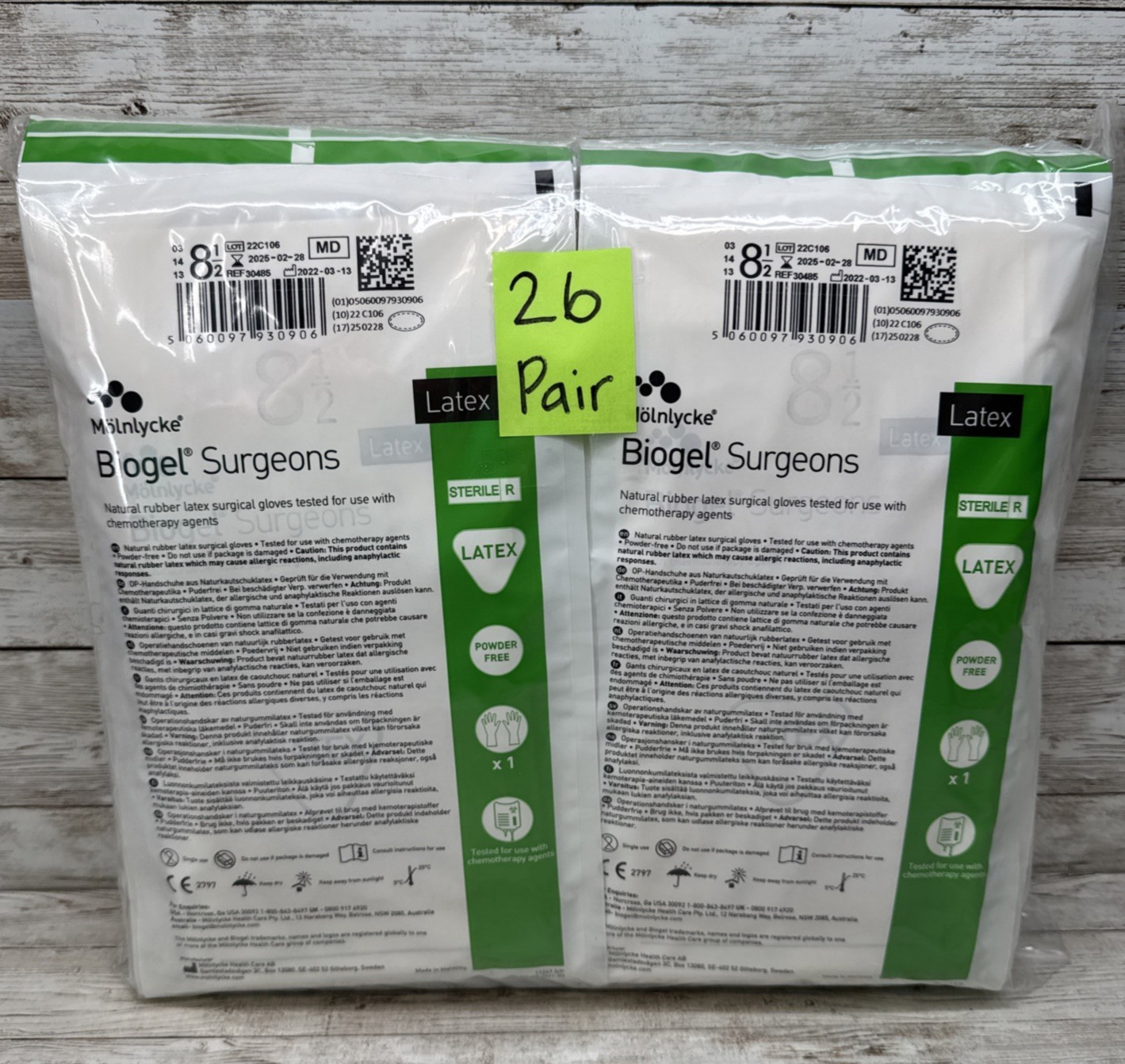 Molnlycke Biogel Surgeons LATEX Surgical Gloves, *26 Pair* Size: 8.5 *See Date*