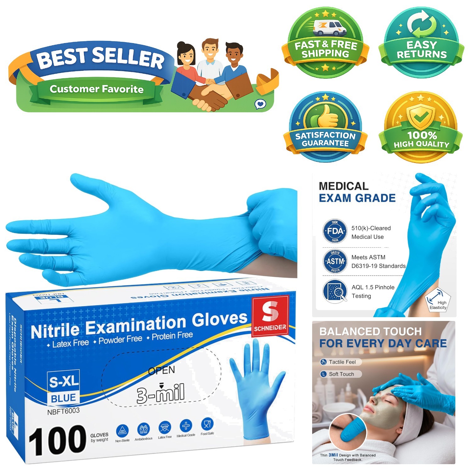 100 Count Blue Disposable Nitrile Gloves for Cooking, Cleaning & Medical Use