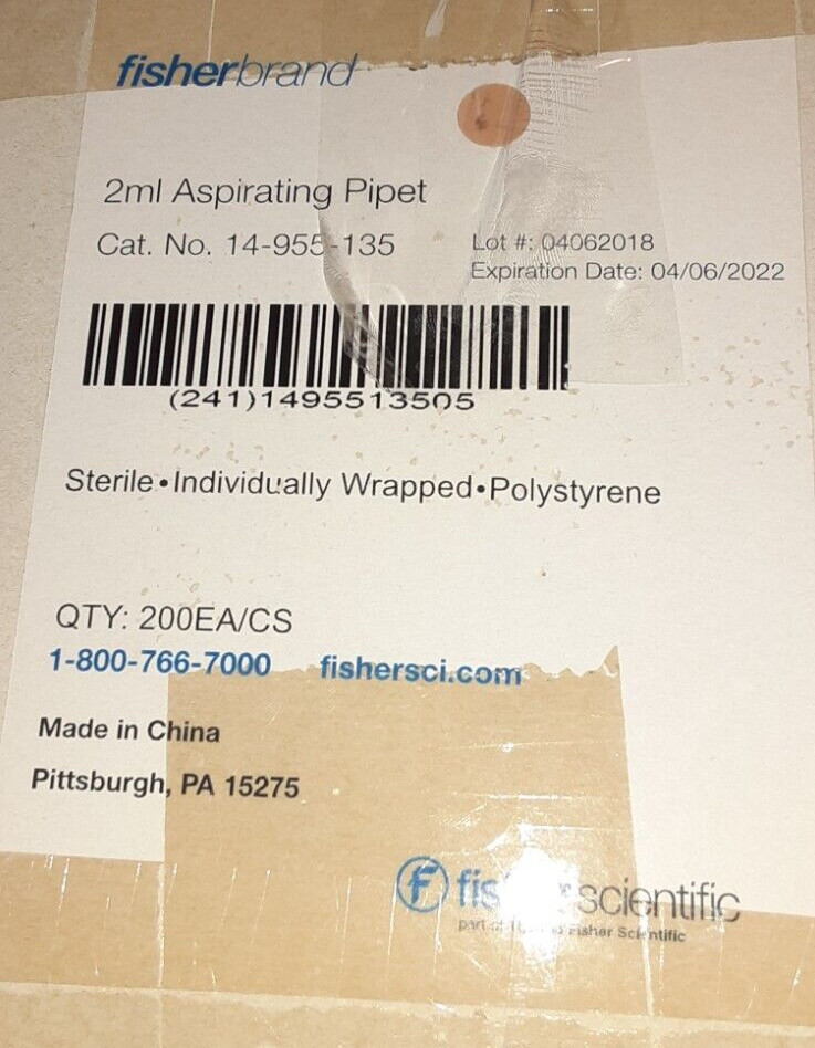 Fisher Scientific 2mL Aspirating Pipet Case of (200) 14-955-135