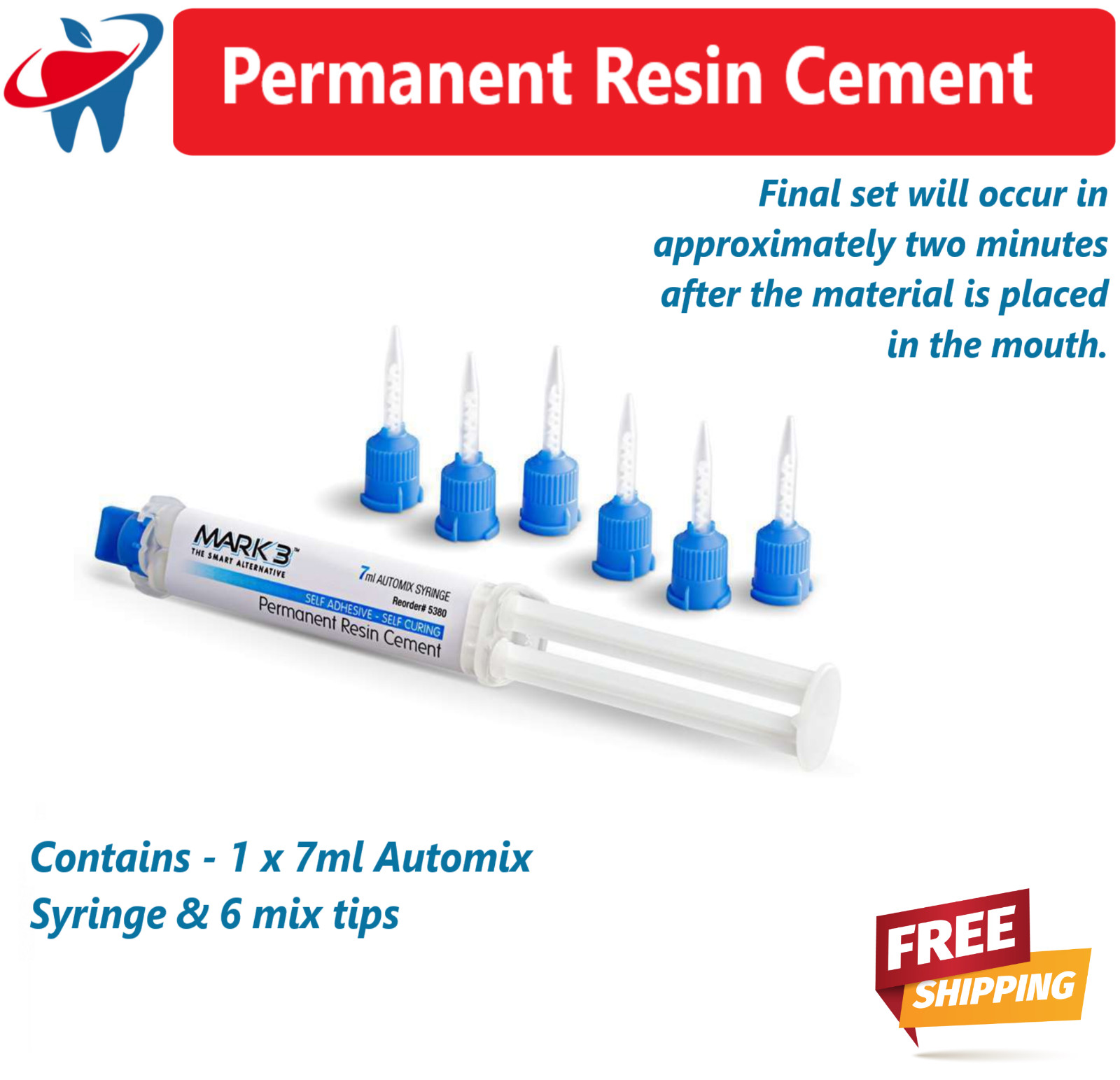 Mark3 Permanent Resin Cement, Self Adhesive 7 ml Automix Syringe w/6 Tips USA