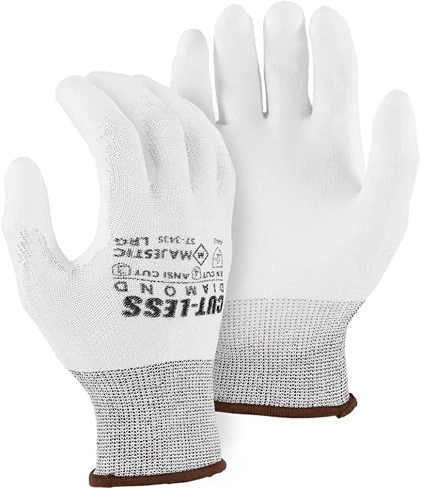 Majestic 37-3435 White Cut-Less Diamond Seamless Knit Glove PU Palm XL 3 Pair