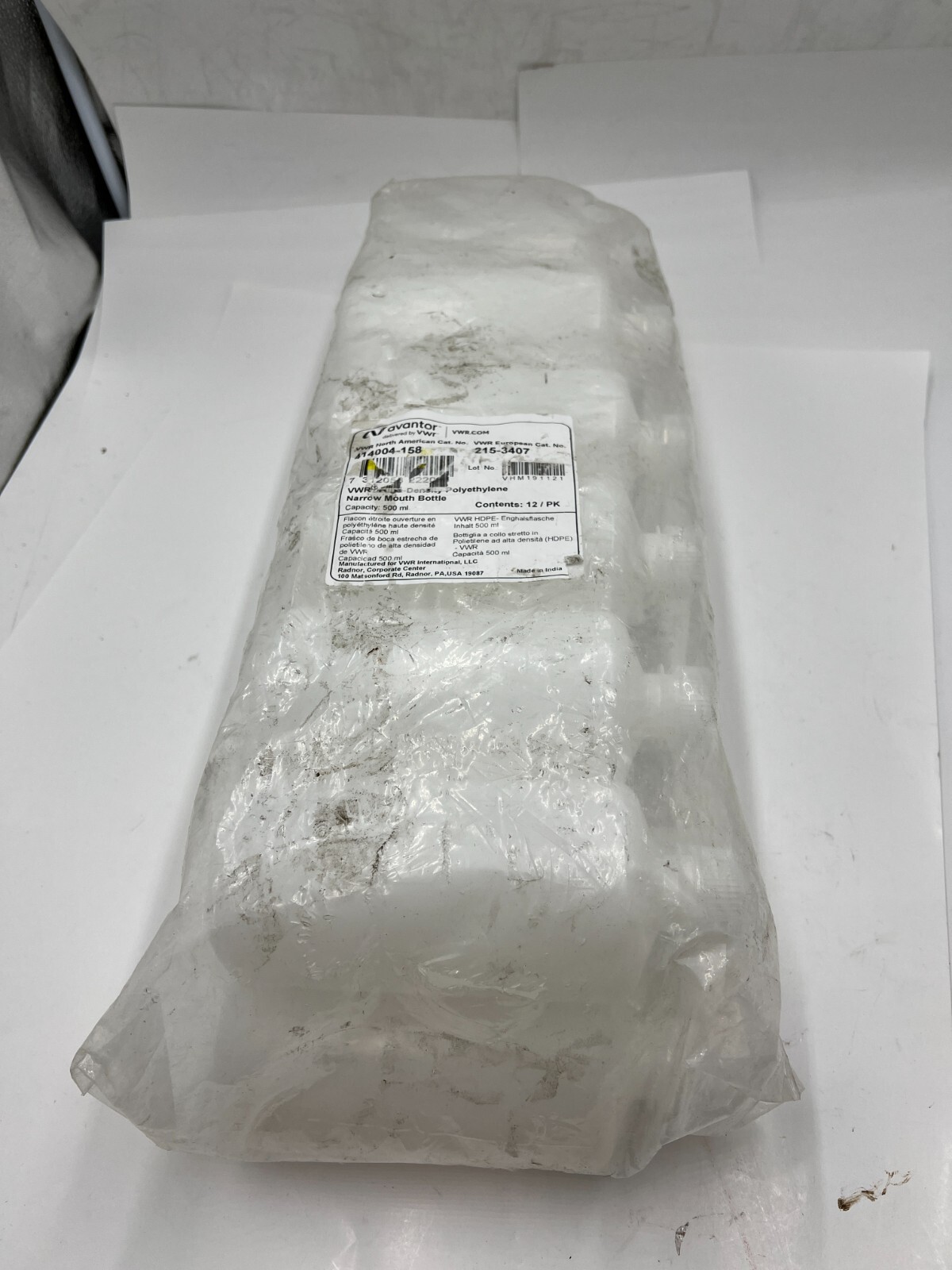 (QTY 12) VWR 414004-158 High-Density Polyethylene Narrow Mouth Bottle 500ml