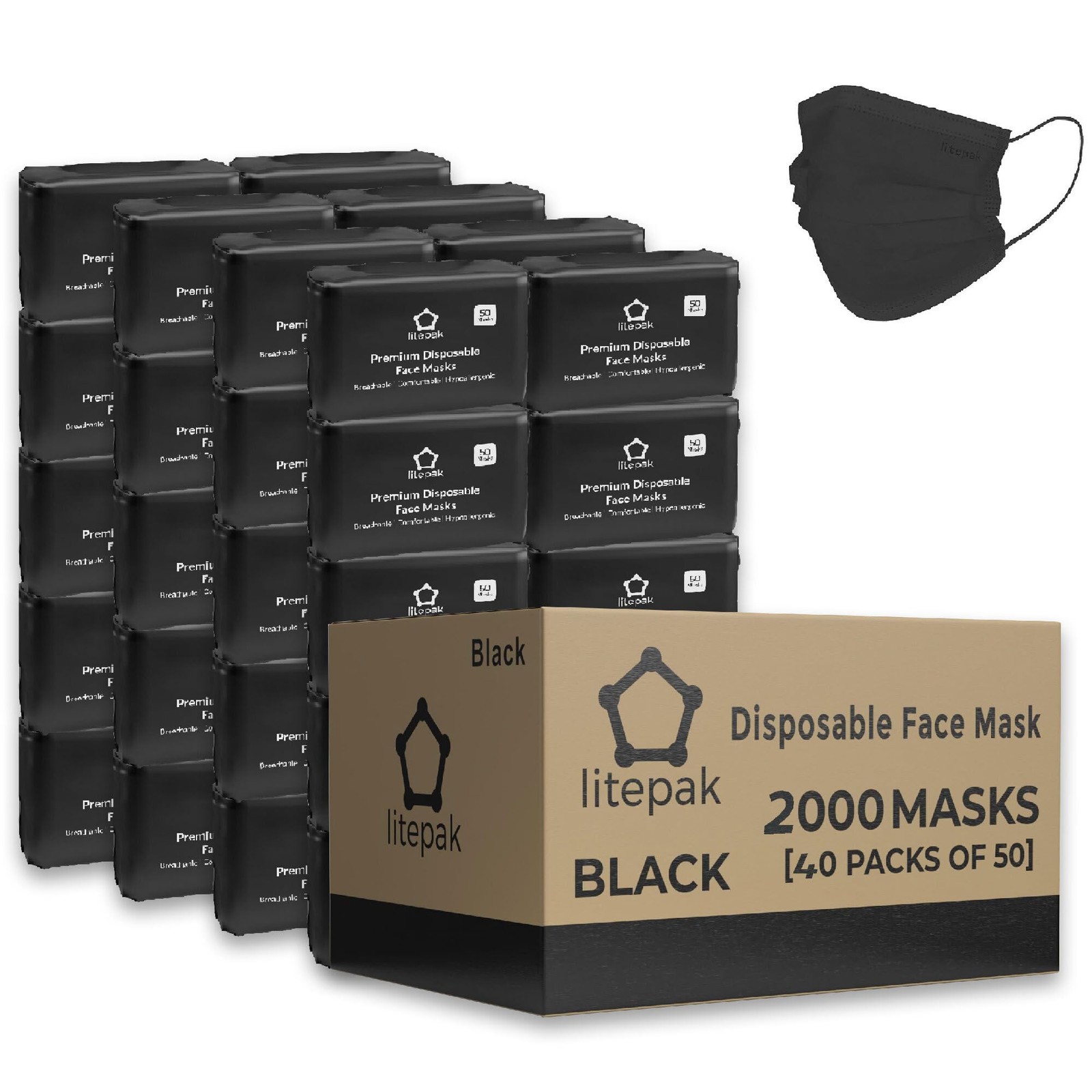 2,000pcs Disposable Face Masks 3 Ply Breathable Mask For Adults Black 40 Pac…