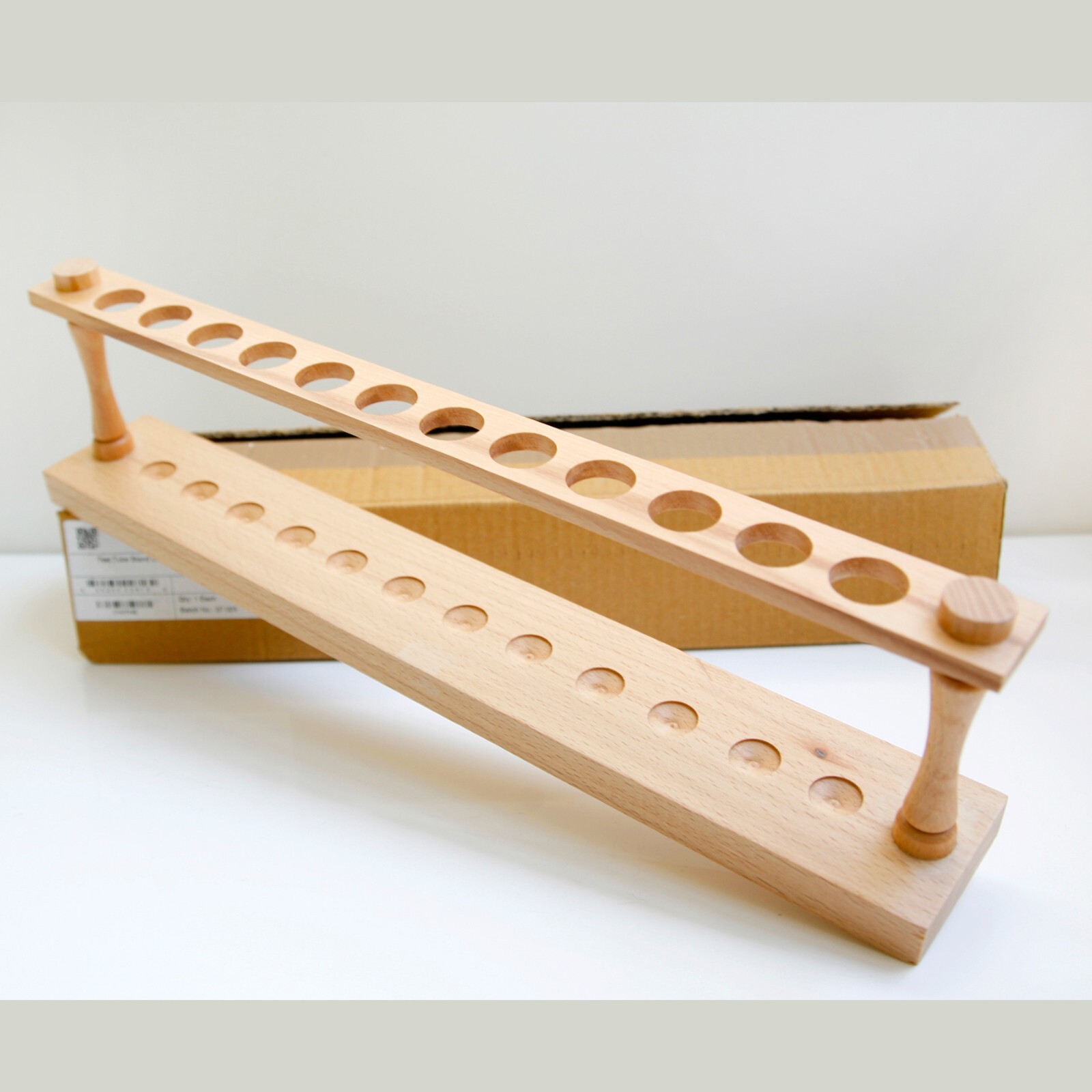 Eisco Labs Wooden Test Tube Stand of 12 Holes 9.75″ Wide Polished Wood 22″