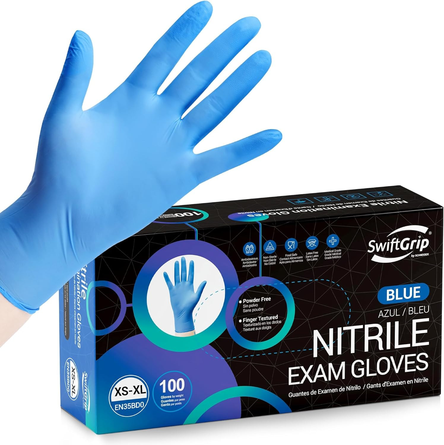 Swiftgrip Disposable Nitrile Exam Gloves, Blue, Latex Free, Medical Gloves for C