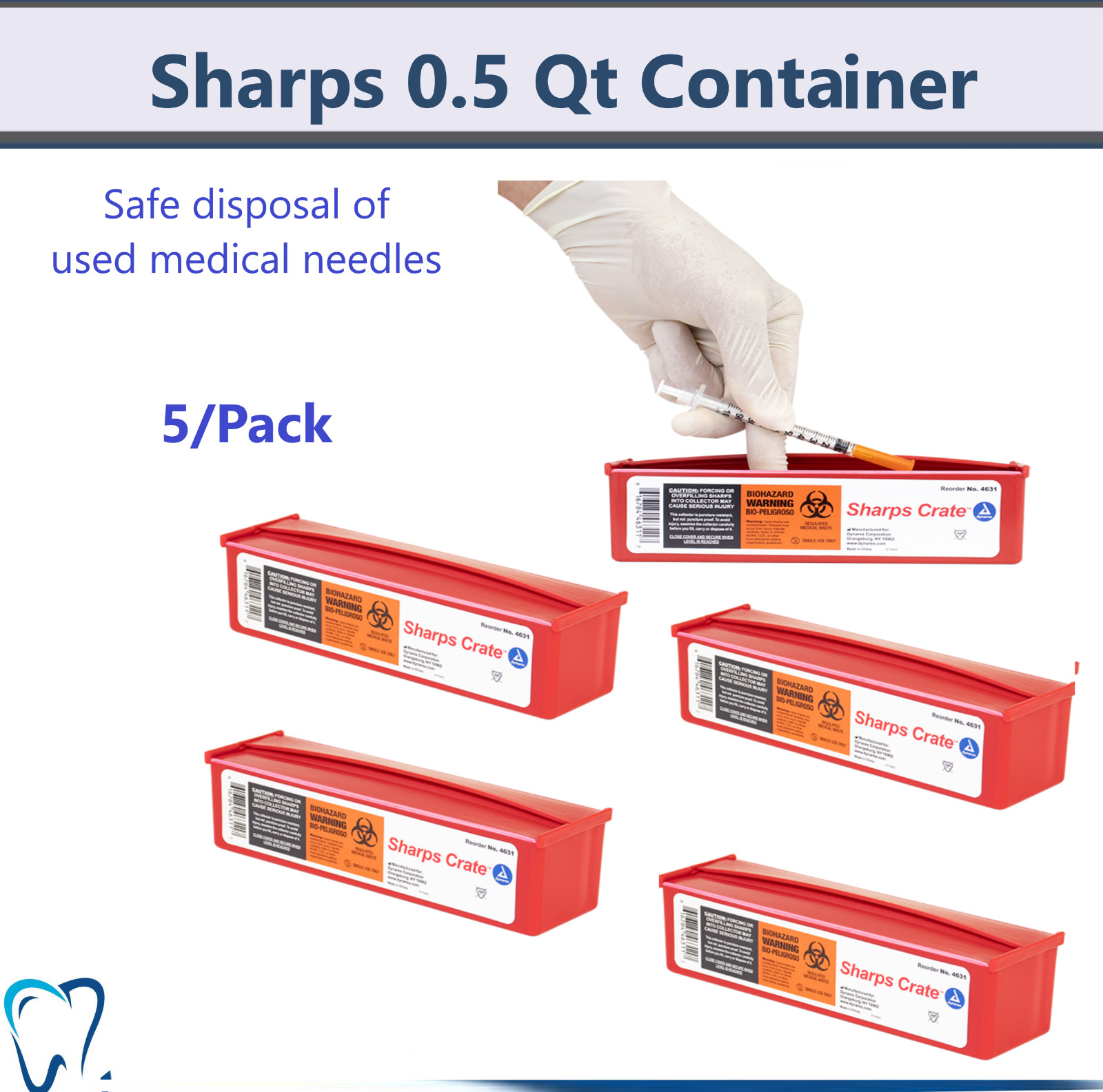 Dynarex Sharps Container 0.5Qt Horizontal Entry Sharps Crate, Travel, Home 5/Pk