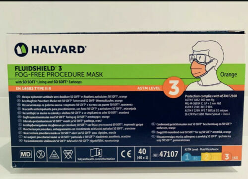 Halyard ASTM 47107 FluidShield Level 3 Orange Medical Grade Face Masks 40/Bx