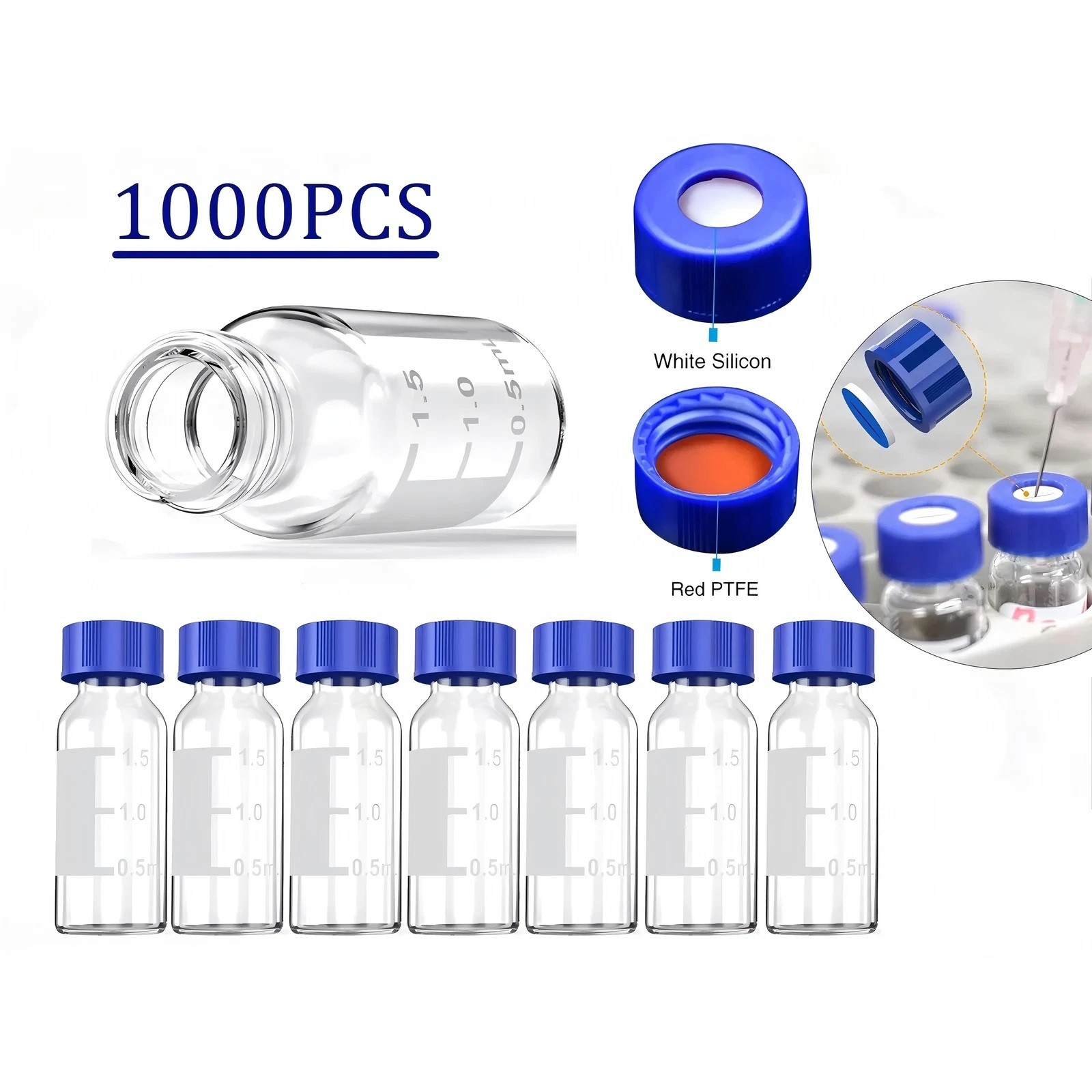 1000Pcs 2mL Glass Vials Amber Clear Autosampler Vials Sample Vials w/ Caps New