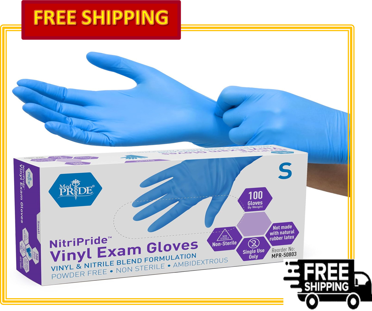 MED PRIDE Non-Latex & Powder-Free Medical Nitrile Exam Gloves, Blue, 100 Pack