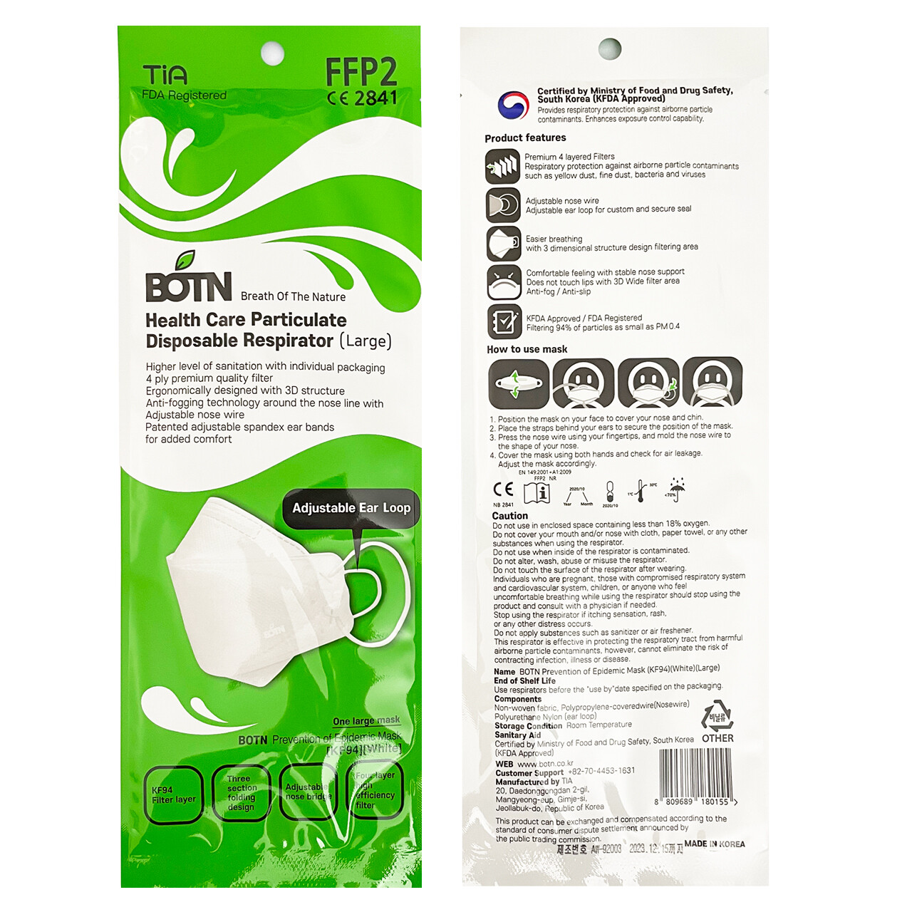 10 PCS BOTN KF94 WHITE Protective Face Mask Adult Made in Korea KFDA Approved