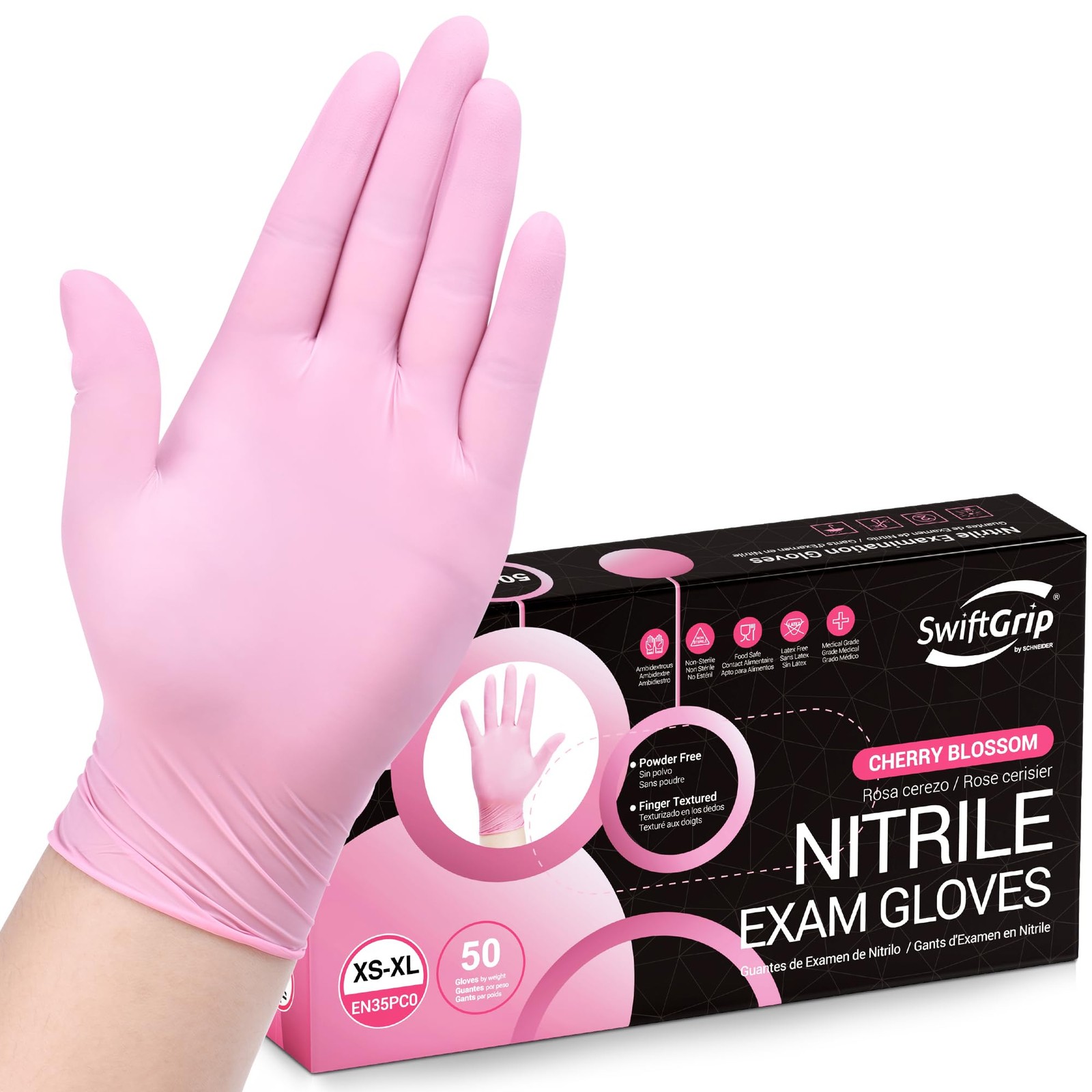 SwiftGrip Nitrile Exam Gloves, Latex~Free, Pink, Powder~Free, XL, 50ct