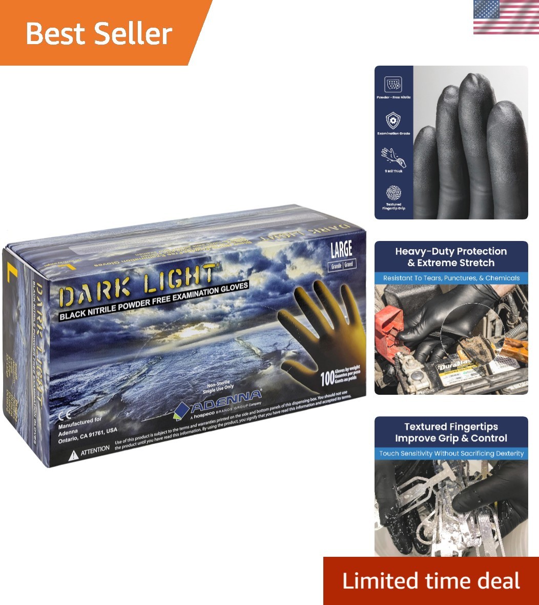 Dark Light 9 mil Nitrile Powder Free Exam Gloves Black, Large – Box of 100