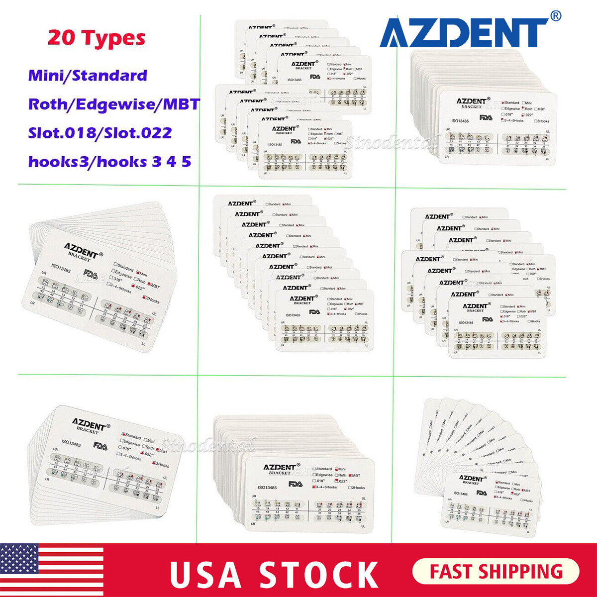 10sets Dental Orthodontic Brackets Mini/Standard MBT/Roth 022/018 3HK/345 HOOK