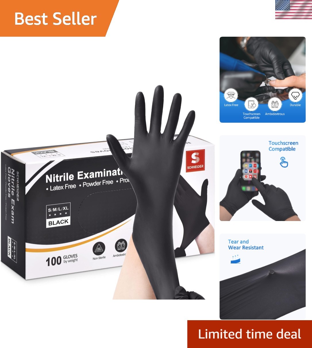 Durable Medium Black Nitrile Gloves – Latex & Powder-Free, 100-Count Box