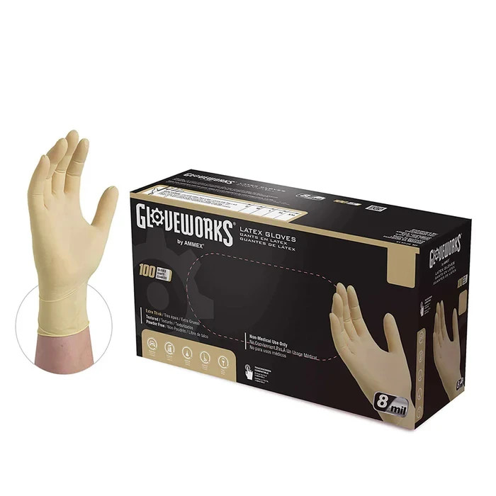 8mil Latex Gloves Textured Heavy Duty Industrial Cream White Medium Powder Free