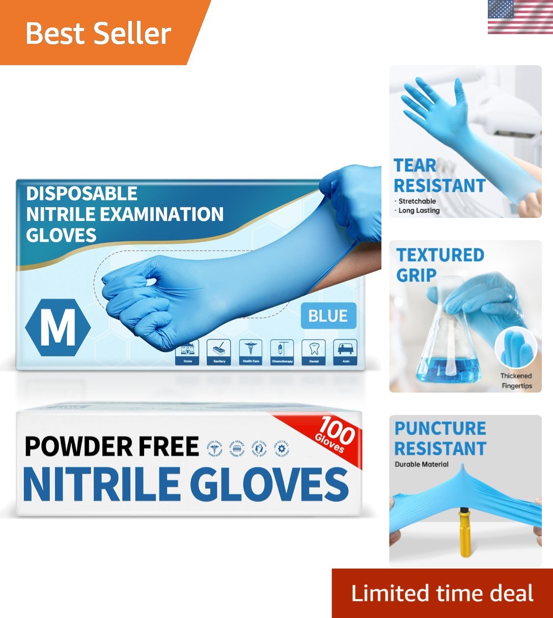 Medical Blue Nitrile Gloves 4.5 Mil, 100 Pcs, Powder-Free & Food-Safe