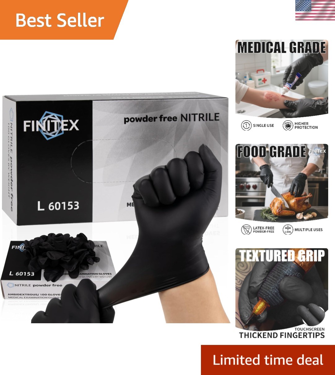 Black Nitrile Disposable Gloves – 3.5mil, 100PC, Powder-Free, Food & Medical Use