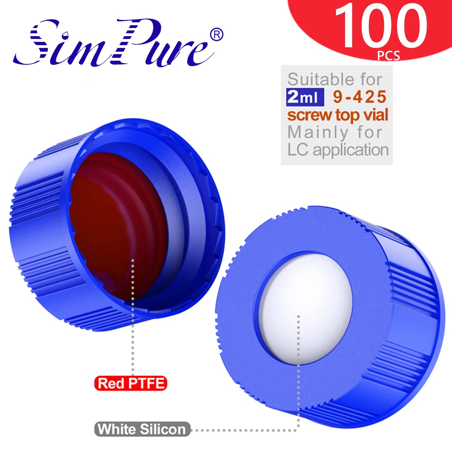 100Pcs 9-425 Screw Caps 9mm Thread White Silicone/Red PTFE Septa for 2ml Vials