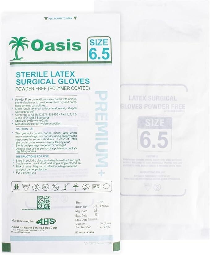 Sterile Latex Surgical Gloves, Size 6.5, Powder-Free, 50 Pairs/Box