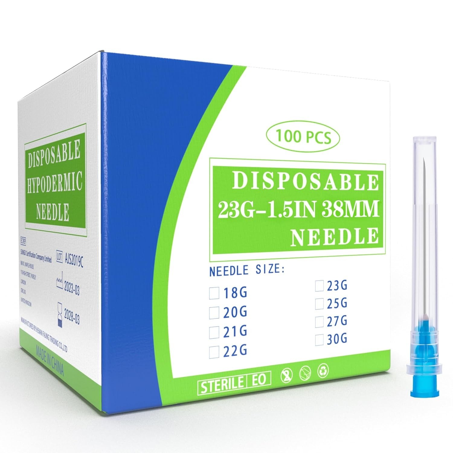 100 Pack 23 Ga 1.5 inch Disposable Needles with Caps for Scientific and Industri