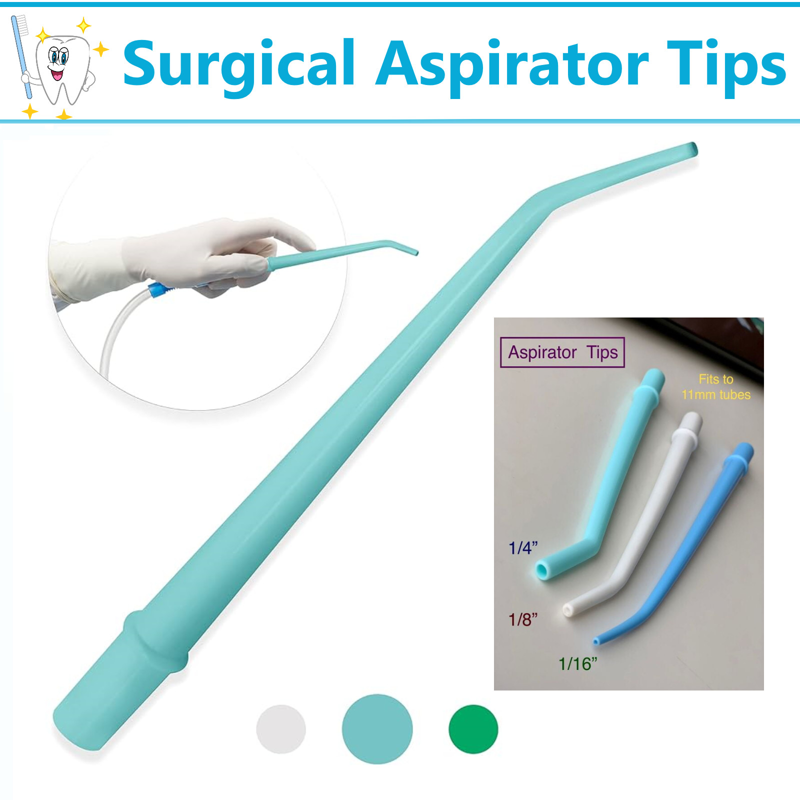 Surgical Aspirator Tips Dental Aspirating Suction Tips Blue, Green, White 25/Pk