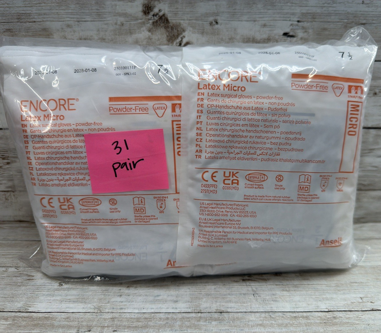ENCORE Latex MICRO Surgical Gloves Sterile *31 Pair* Size: 7.5 *Exp: 01/28*