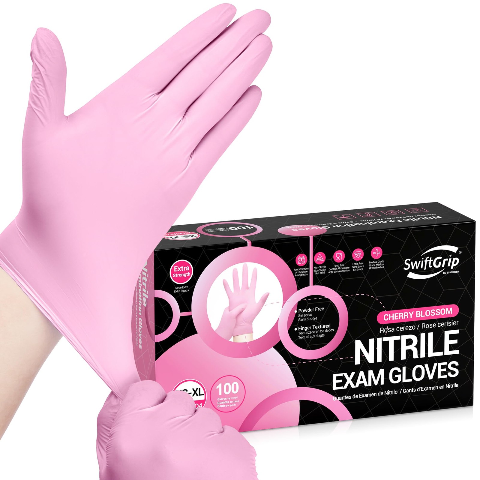 SwiftGrip Nitrile Exam Gloves, Large, 4 Mil, Cherry Blossom, 100 Count