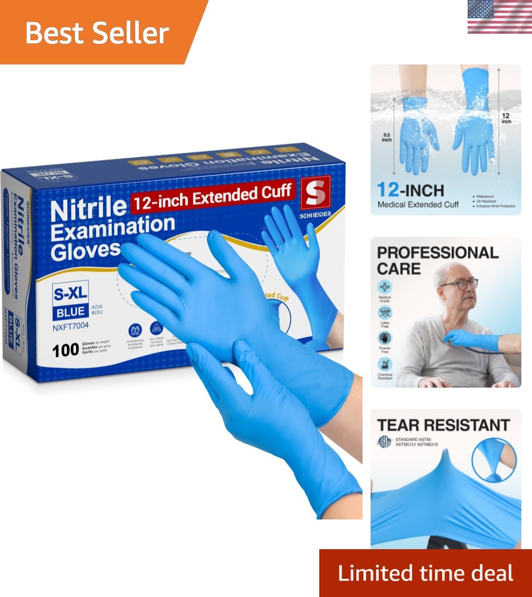 Nitrile Exam Gloves, Extended 12 Inches Cuff, Medium, 4 mil, 100-ct Box, Glov…