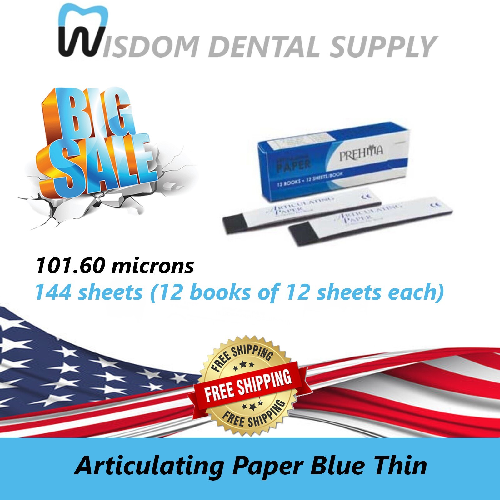 SALE! Prehma Articulating Paper Blue Thin, 101.60 microns, 12 books x 12 sheets