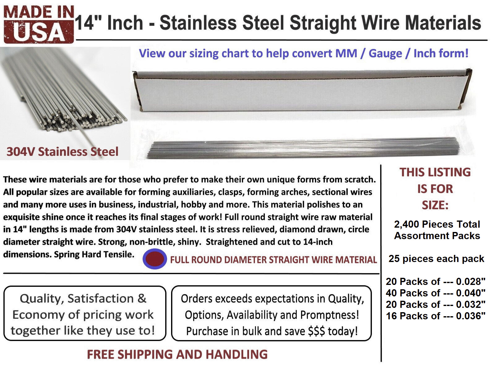 2,400 Pieces Orthodontic Stainless Steel Straight Wire 14» Lengths Assortment!