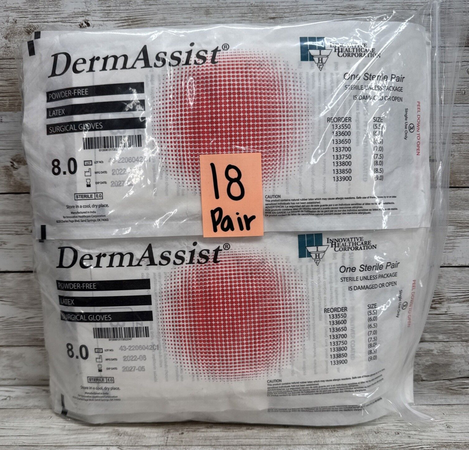 DermAssist Latex Surgical Gloves Sterile *18 Pair* Size: 8 EXP: 05/27
