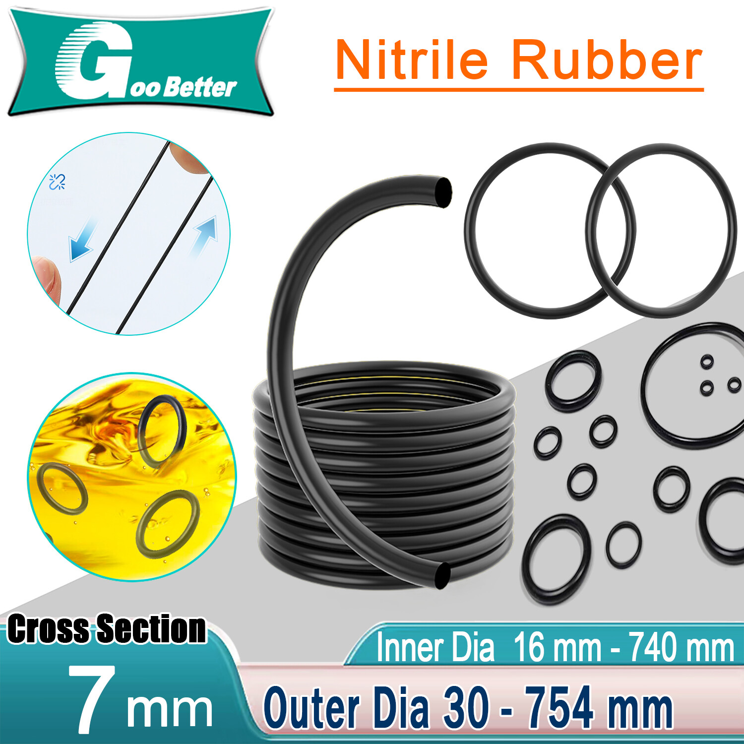 7mm Cross Section O-Rings NBR Nitrile Rubber 30mm – 754mm OD Oil Resistant Seals