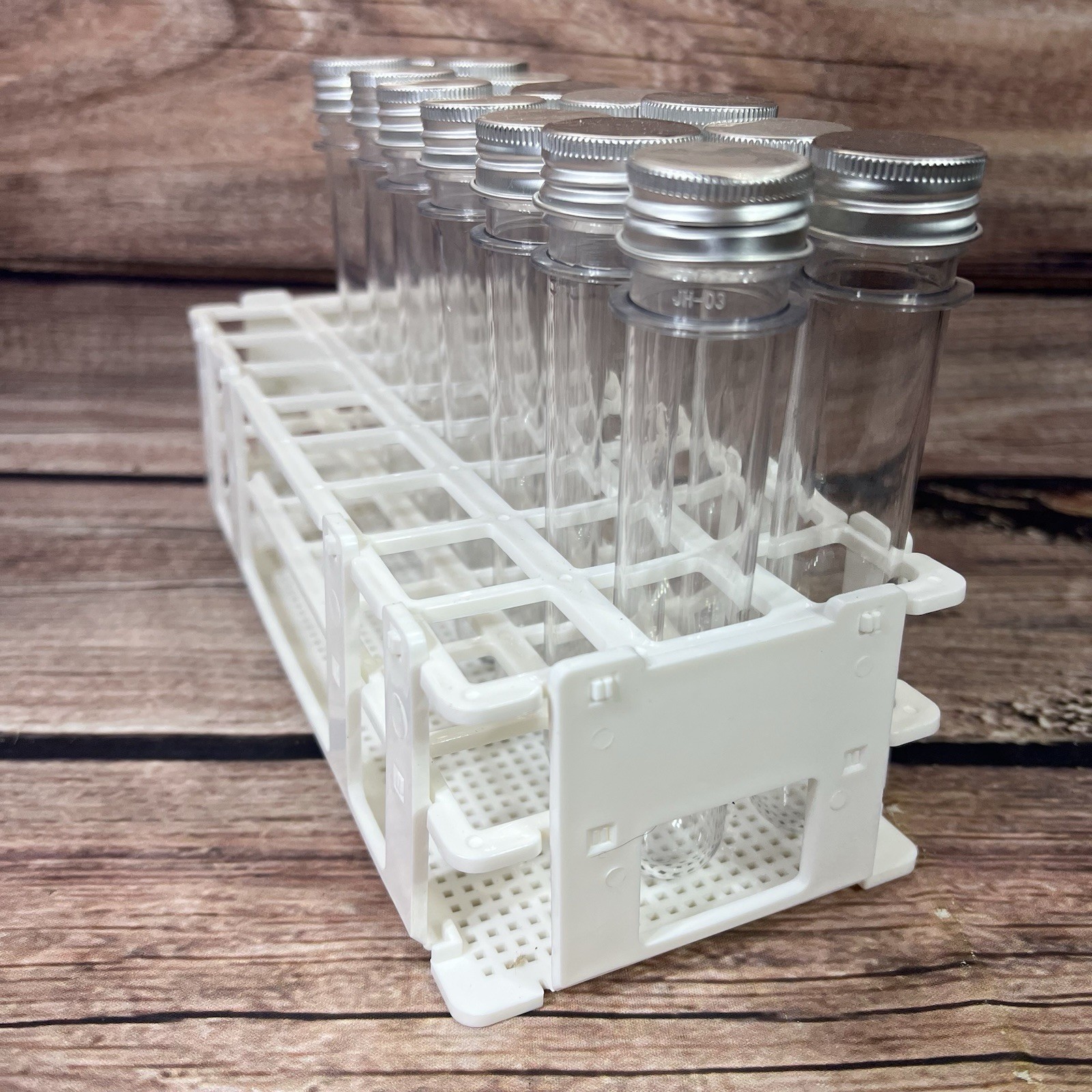 Qty 15 Plastic Test Tubes with Screw Caps With stand