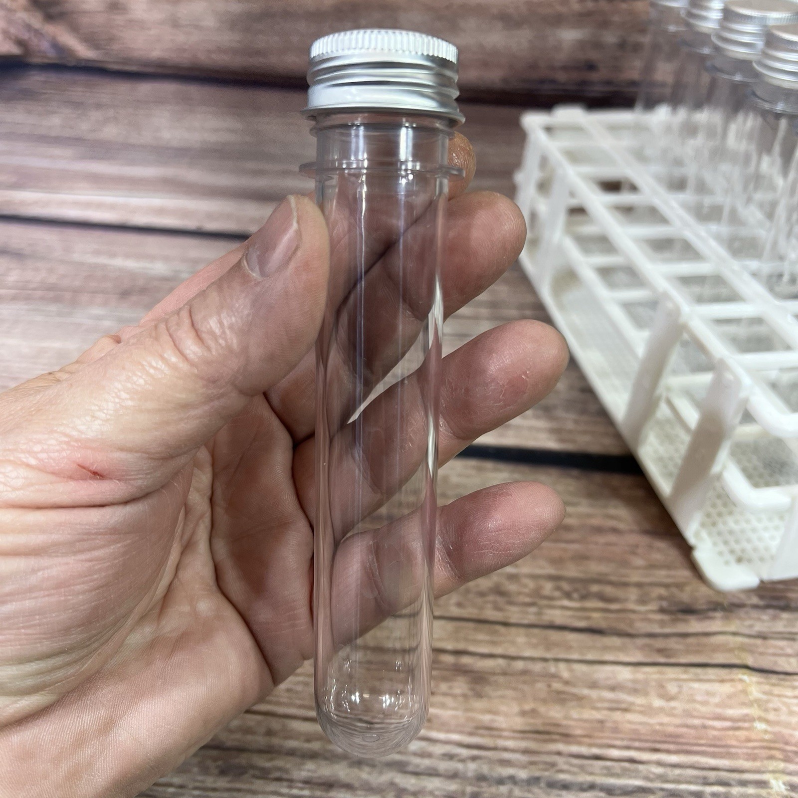 Qty 15 Plastic Test Tubes with Screw Caps With stand