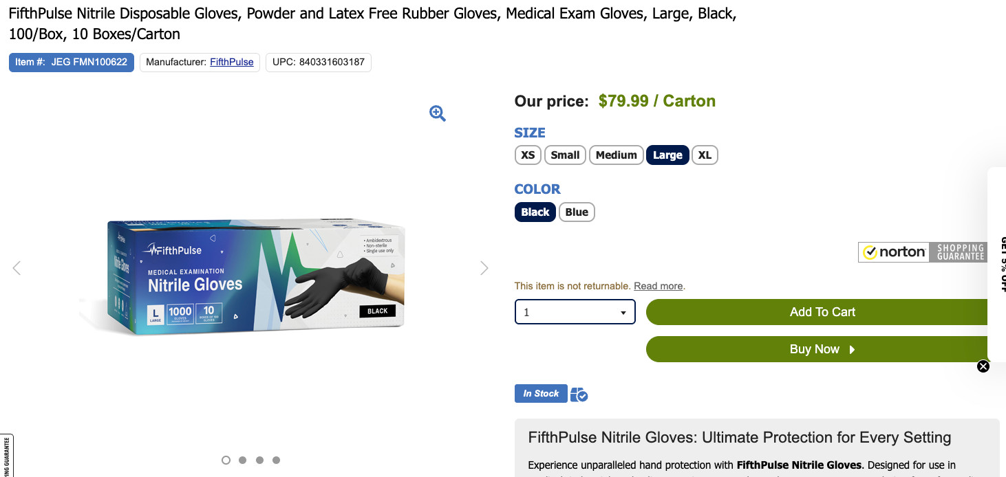 Medical Nitrile Exam Gloves, Black, Powder-Free Large 1000 ct