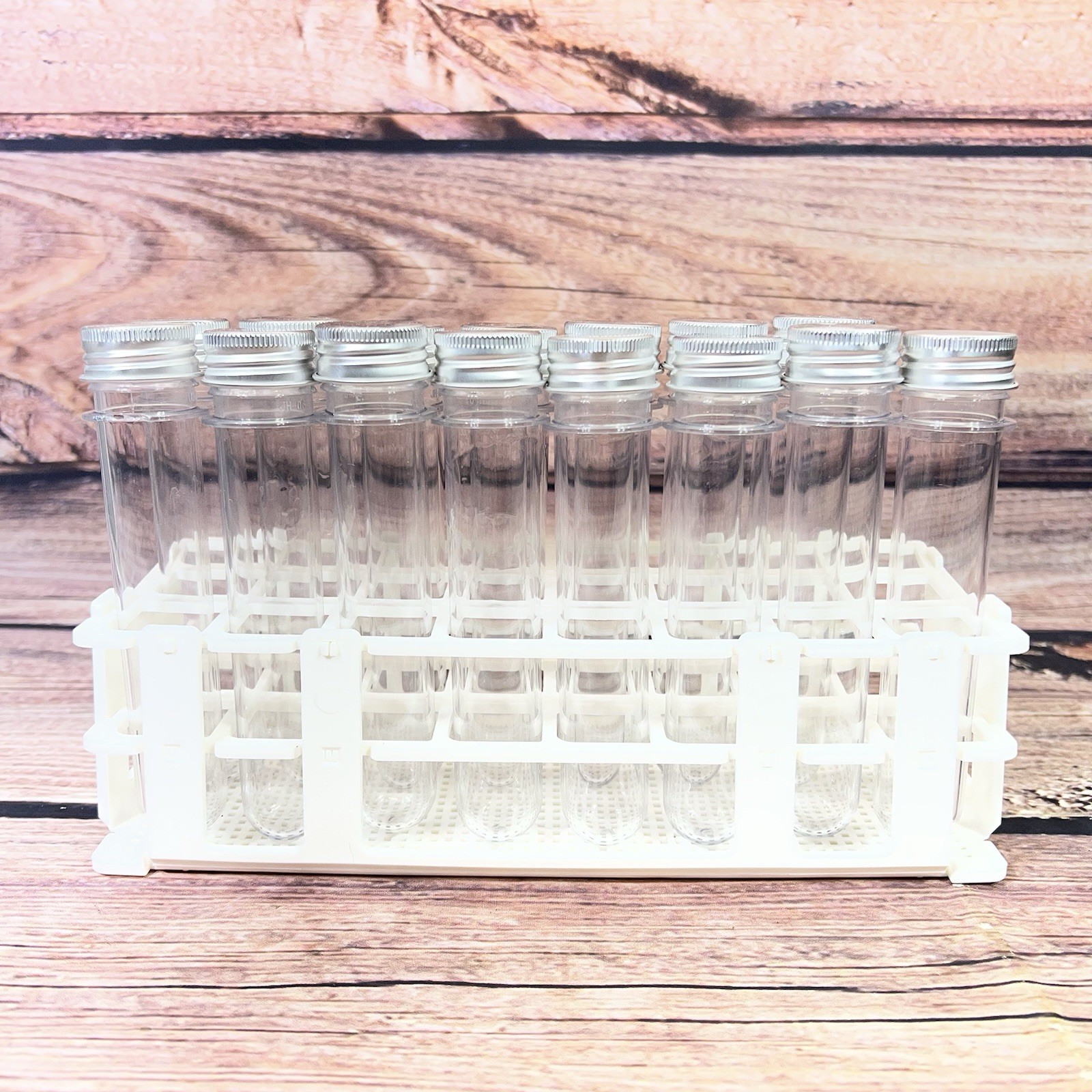 Qty 15 Plastic Test Tubes with Screw Caps With stand